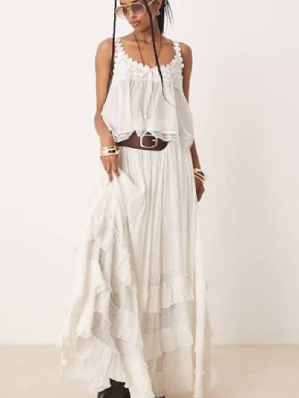 Free People FP One Brynn Maxi Skirt Smocked Tiered Ruffle Mid Rise M